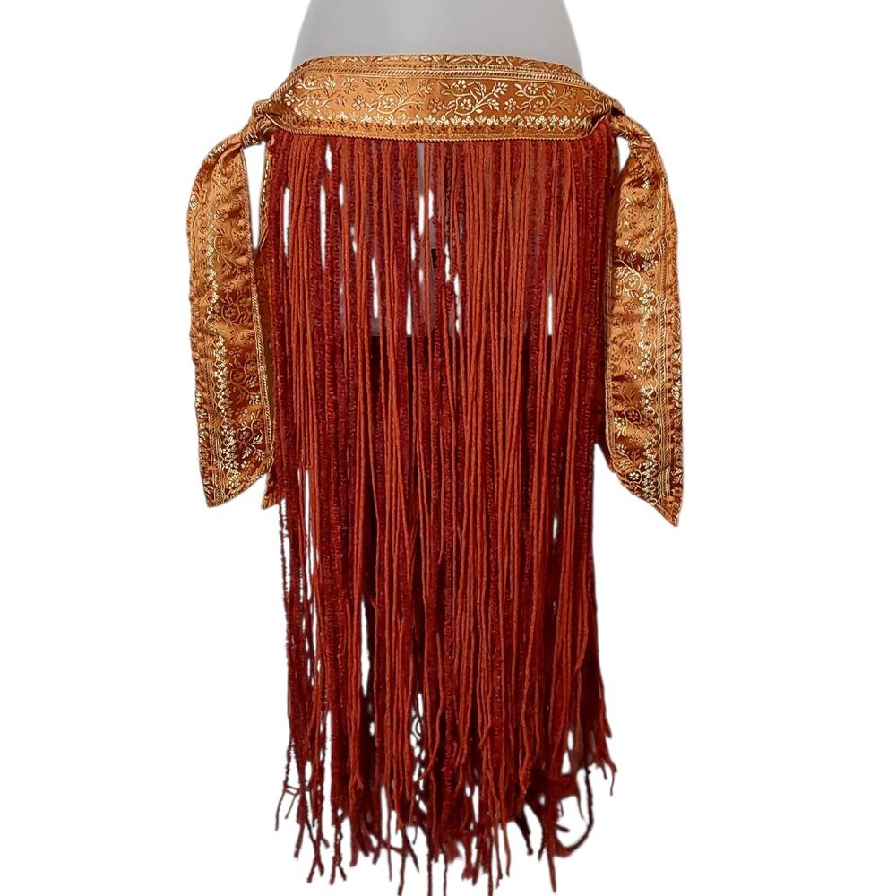 NWOT Handcrafted Tribal Bellydance Two-Panel Skirt Orange Gold Brocade Fringe OS